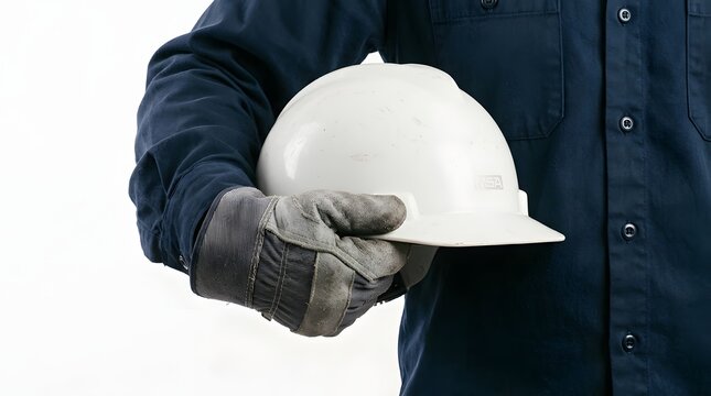 Man in blue workwear holding white msa safety hard hat on white background