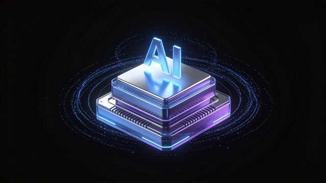 Glowing AI processor with futuristic quantum computing platform on dark background, idea for artificial intelligence semiconductor innovation and advanced digital technology
