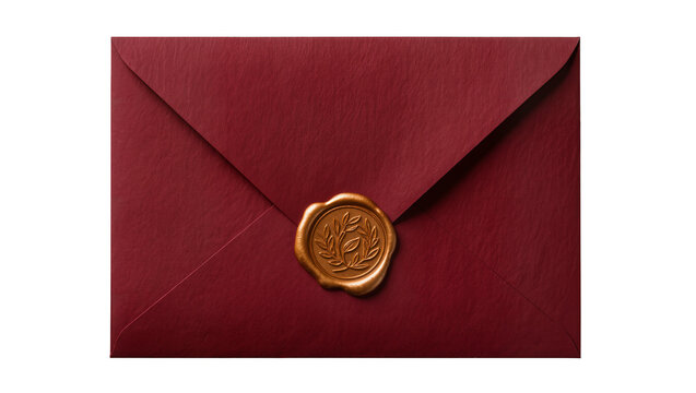Deep red textured envelope sealed with a golden wax emblem, isolated on transparent background