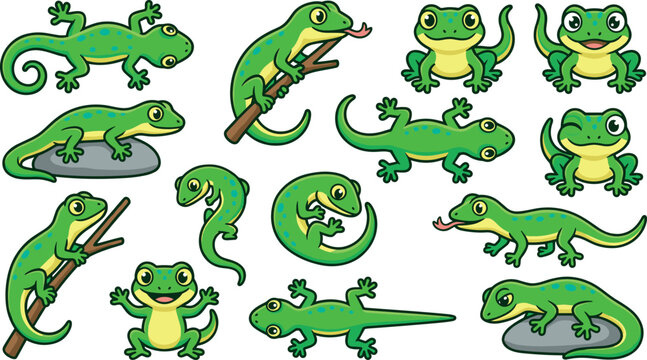Cute Cartoon Green Lizard and Gecko Vector Icon Set Featuring Playful Reptiles Climbing Branches Sitting on Rocks and Showing Various Expressions