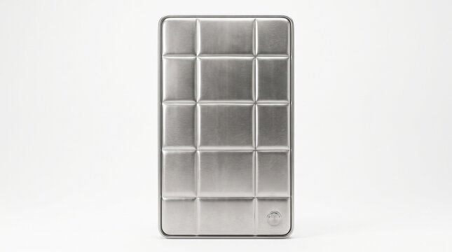 Modern metallic external hard drive with a grid pattern isolated on white background