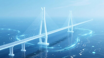 Fototapeta premium Holographic wireframe rendering of a cross-sea bridge, showcasing digital technology and marine infrastructure.