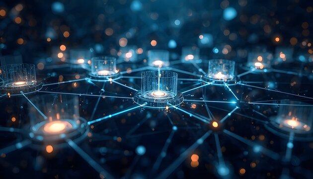 Abstract digital network visualization representing artificial intelligence multi agent collaboration and interconnected data nodes in a futuristic space