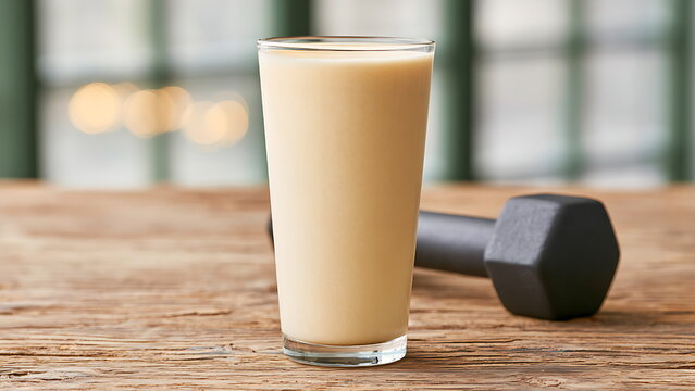 a glass of whey protein and matte black dumbbell on a textured wooden surface