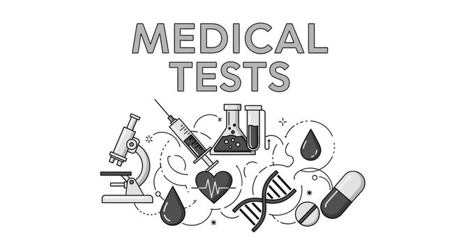 Line art illustration titled "MEDICAL TESTS" featuring lab equipment, a syringe, DNA strand, and blood drops, representing diagnostic testing, healthcare research, and clinical analysis.