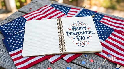 Fototapeta premium American flags and notebook celebrating a patriotic holiday event on wood