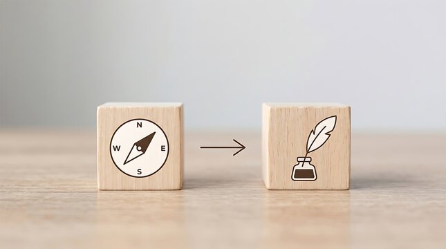 Wooden block with compass transforming into quill pen icon