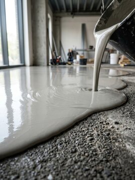 Builder pouring self-leveling compound for floor screeding in new building. Construction work and house renovation process. Liquid cement mortar spreading on concrete surface for leveling.