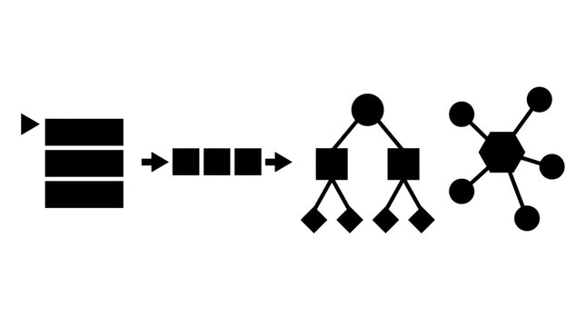 Abstract representation of data structures and algorithms, showing stack, queue, tree, and network organization for computing concepts.