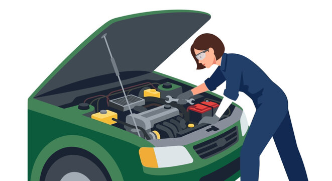 Mechanic inspecting open car hood engine.