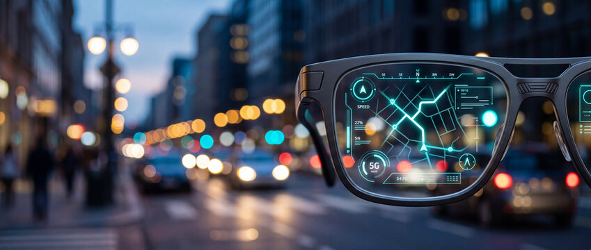 Augmented reality glasses display navigation map and connectivity over a blurred city street at dusk, showcasing futuristic technology for urban exploration and smart city integration