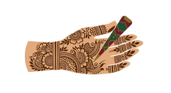 Intricate Henna Tattoo Design on Hand with Brush.