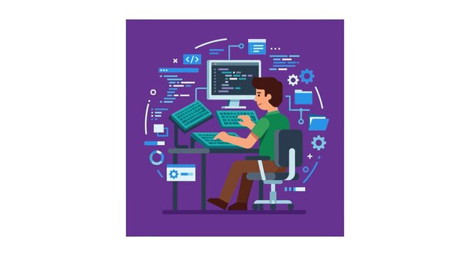 Programmer working on laptop with coding elements around.