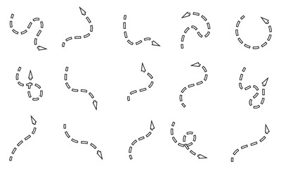 Fototapeta premium Dashed Curved Arrow Outline Icons Set. Direction Navigation Path Line Vector Design Elements