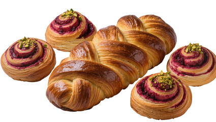 Sweet pastry assortment with braided croissant and berry swirl buns topped with pistachios © Friedrich
