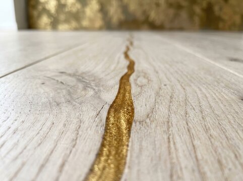 White oak wood floor with filled crack using gold resin. Kintsugi interior design technique for modern home renovation. Luxury texture pattern with metallic inlay and wood grain.