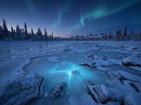A stunning arctic scene featuring vibrant green aurora borealis dancing across a deep blue night sky above a snow covered landscape with a mysterious glowing blue ice pool in the foreground.