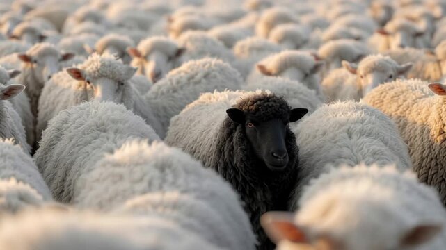 A striking and evocative image features a single black sheep prominently positioned in the center of a dense flock of white sheep. The contrast is stark and powerful