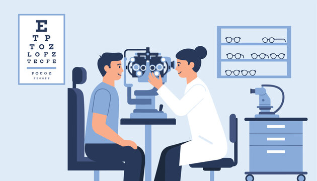 Professional female ophthalmologist checking a young male patient with modern phoropter machine in modern clinic.