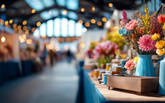 Colorful Flowers and Crafts at Fair Pavilion with Vendors and Showcases