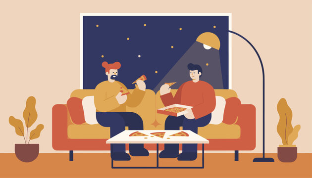 Two friends enjoying pizza slices together on a comfortable sofa at night under the light of a floor lamp.