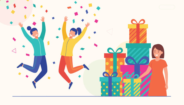 Two happy women jumping with joy in falling confetti next to a large stack of wrapped birthday gift boxes.