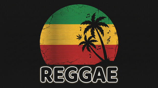 Vintage Reggae Sunset with Tropical Palm Silhouette on Rasta Color Background for Music Festival Banner Design
