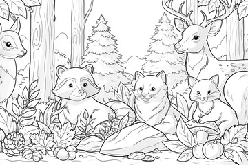 Fototapeta premium Forest scene with deer, raccoon, and small mammals. Trees stand tall behind soft undergrowth. Bright berries, mushrooms, and leaves decorate the ground