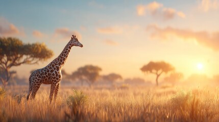 Obraz premium Giraffe Silhouetted Against African Sunset with Acacia Trees in Background