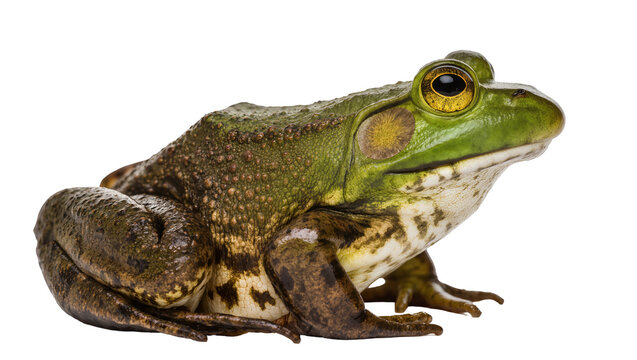 Green frog with yellow eyes and patterned skin