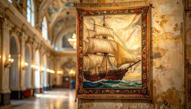 Antique Tapestry Depicting a Sailing Ship on the Ocean Hung on a Textured Wall in an Ornate Hallway with Arches and Lights, Maritime Art