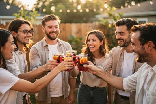 Joyful Group of Friends Celebrating with Refreshing Drinks in Sunlit Backyard Gathering, Warm Evening Light, Lush Greenery and String Lights, Capturing Friendship and Festive Cheer
