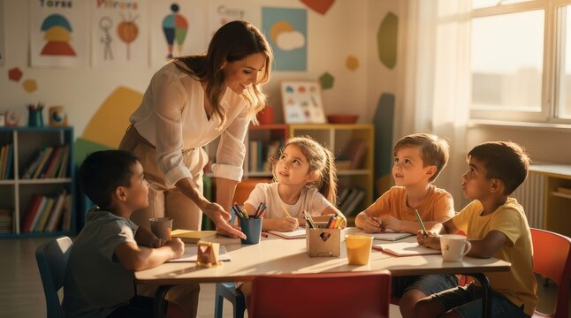 Engaging Female Teacher Leading Interactive Learning Session in Bright Classroom, Warm Sunlight Streaming Through Windows, Diverse Group of Attentive Young Children, Vibrant Educational Decor,