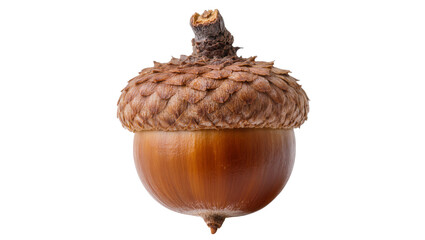 Brown textured acorn with cap and stem, isolated on transparent background © Iura