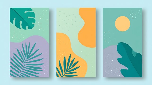 Set of three abstract botanical wall art posters with tropical leaves