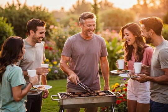 Cheerful Group of Friends Enjoying Barbecue in Lush Garden, Golden Evening Light, Laughter and Conversation, Vibrant Flowers and Greenery, Capturing Warmth and Friendship