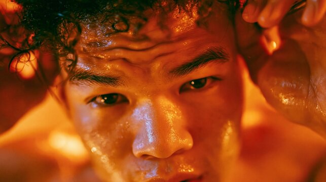 Intense gaze meets camera under warm, glowing light. Sweat glistens on his skin, hinting at hard effort. Hands near head, gripping himself tightly. Face shows focused determination, eyes unblinking