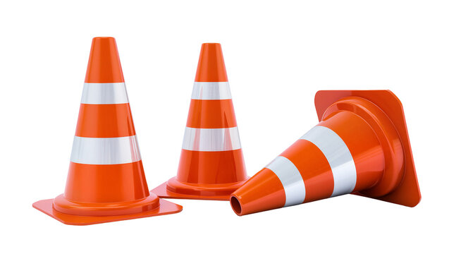 Orange traffic cones with white reflective stripes, isolated on transparent background