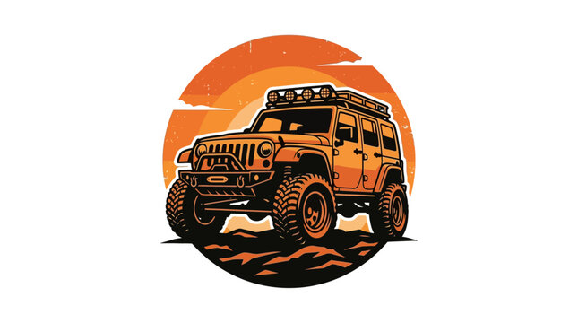 Circular 4x4 SUV off-road vehicle sunset emblem.