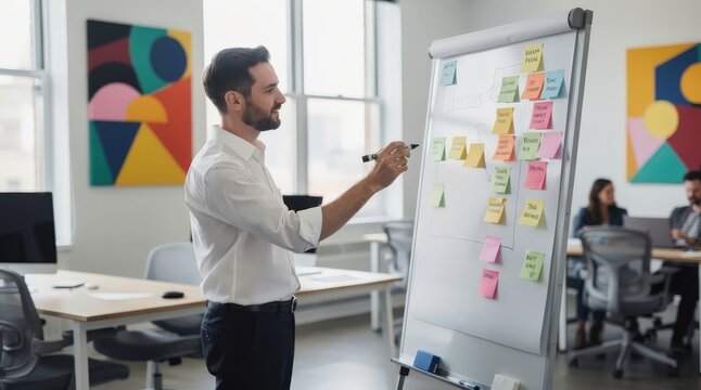 Focused Young Professional Strategizing with Colorful Sticky Notes on Whiteboard in Modern Open Office, Bright Natural Light, Abstract Art on Walls, Capturing Creative Collaboration and Innovation