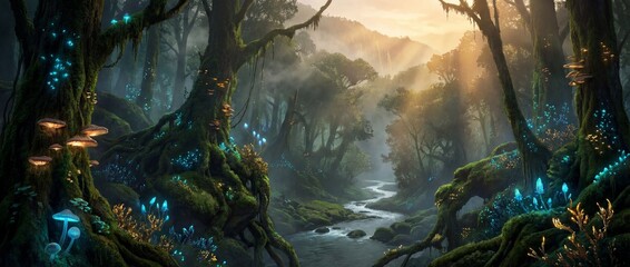Enchanted Glowing Forest With Bioluminescent Mushrooms And A Meandering River Under Golden Sunbeams © bp