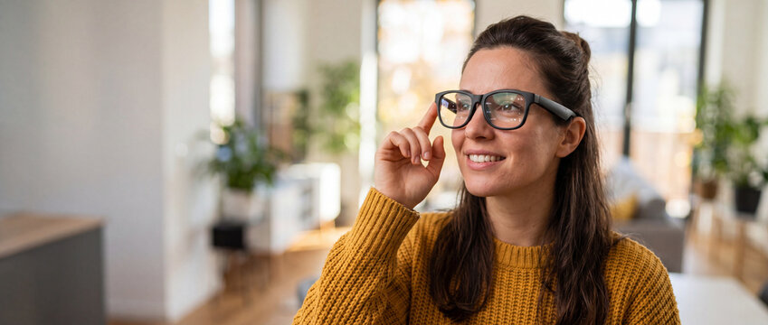 Woman wearing smart glasses adjusting them while looking away with a smile, showcasing modern technology and seamless integration into daily life with a soft indoor background