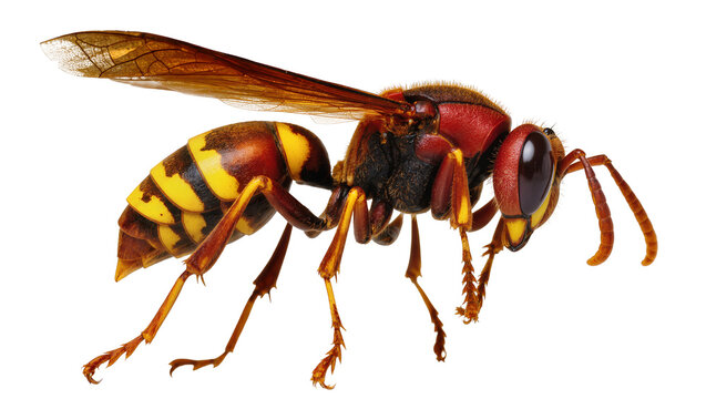 European hornet insect with red and yellow stripes on abdomen and brown wings