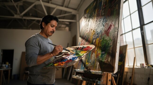 Focused Male Artist Immersed in Painting on Large Canvas in Spacious Sunlit Studio, Warm Afternoon Light Streaming Through Tall Windows, Rich Palette of Colors, Capturing Creative Passion and