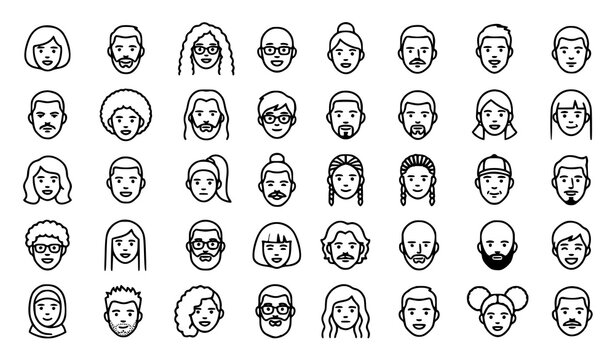 Minimal Male Female Avatar Icons Collection Editable Stroke People Line Art Vector Set