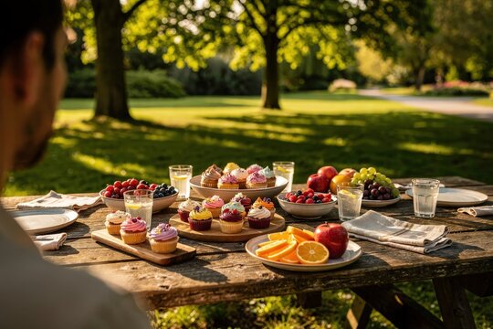 Vibrant Picnic Table Spread with Assorted Cupcakes and Fresh Fruits in Sunlit Park Setting, Dappled Afternoon Light, Rustic Wooden Table, Rich Greenery Surrounding, Capturing Leisurely Outdoor