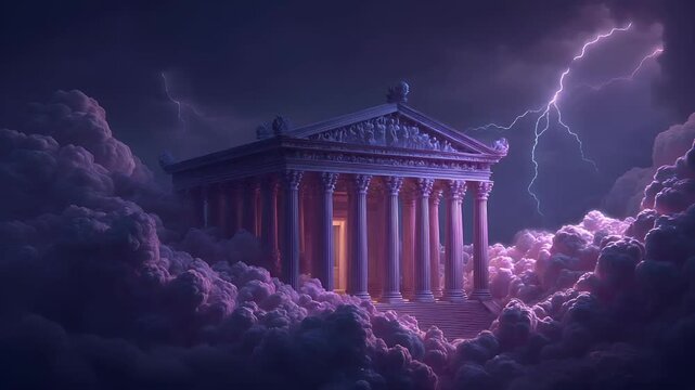 Fantasy, mysterious, wallpaper. A digital artwork depicts a grand, classicalstyle temple, likely a temple or temple, nestled among fluffy, white clouds.