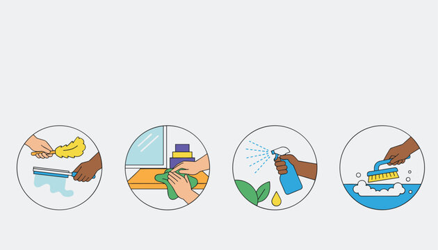 Set of cleaning service circle icons representing dusting, surface wiping, chemical spraying, and floor scrubbing.