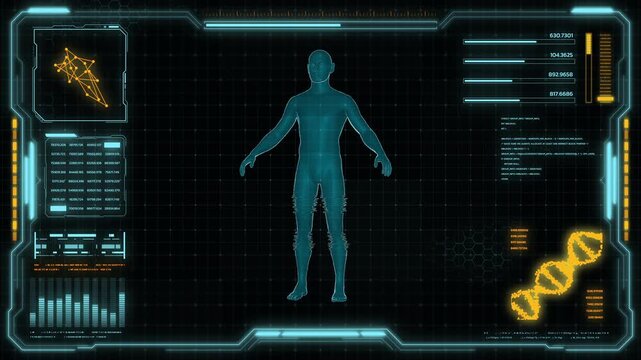 Futuristic medical HUD interface displaying a full human body scan with DNA sequencing, biometric analytics, diagnostics, healthcare data visualization, biotechnology and digital monitoring system.