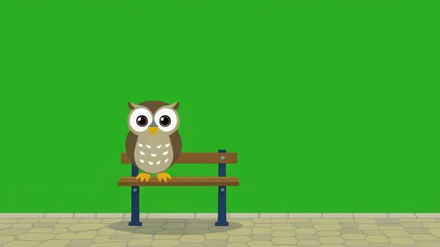 Cute cartoon owls sitting on park benches with green screen background for easy compositing